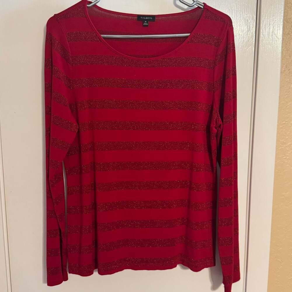 Talbots Women's Medium Red Metallic Holiday Striped Long Sleeve Knit Top